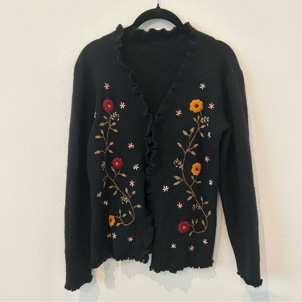 Floral Embroidered Black Cardigan
